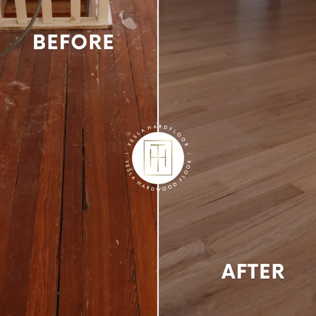 Before and after hardwood floor refinishing close-up showing scratch removal in West Chester PA home