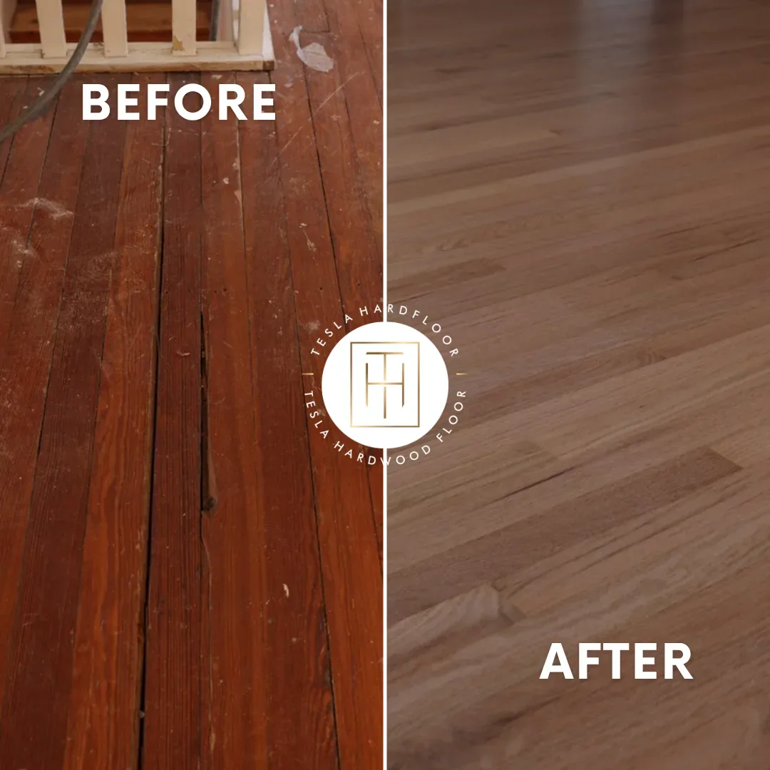 Before and after hardwood floor refinishing close-up showing scratch removal in West Chester PA home