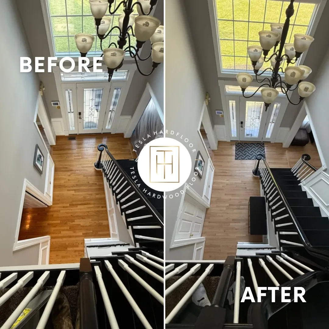 Before and after hardwood floor refinishing in two-story foyer staircase of Philadelphia home with crystal chandelier
