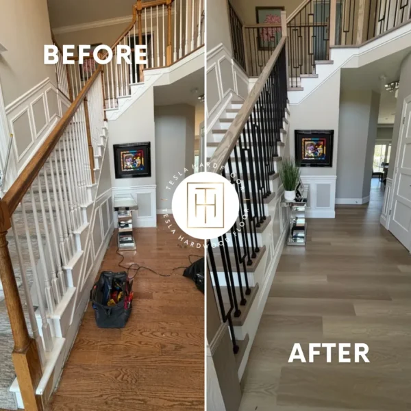 Before and after luxury foyer hardwood floor refinishing with new staircase finish in Philadelphia home