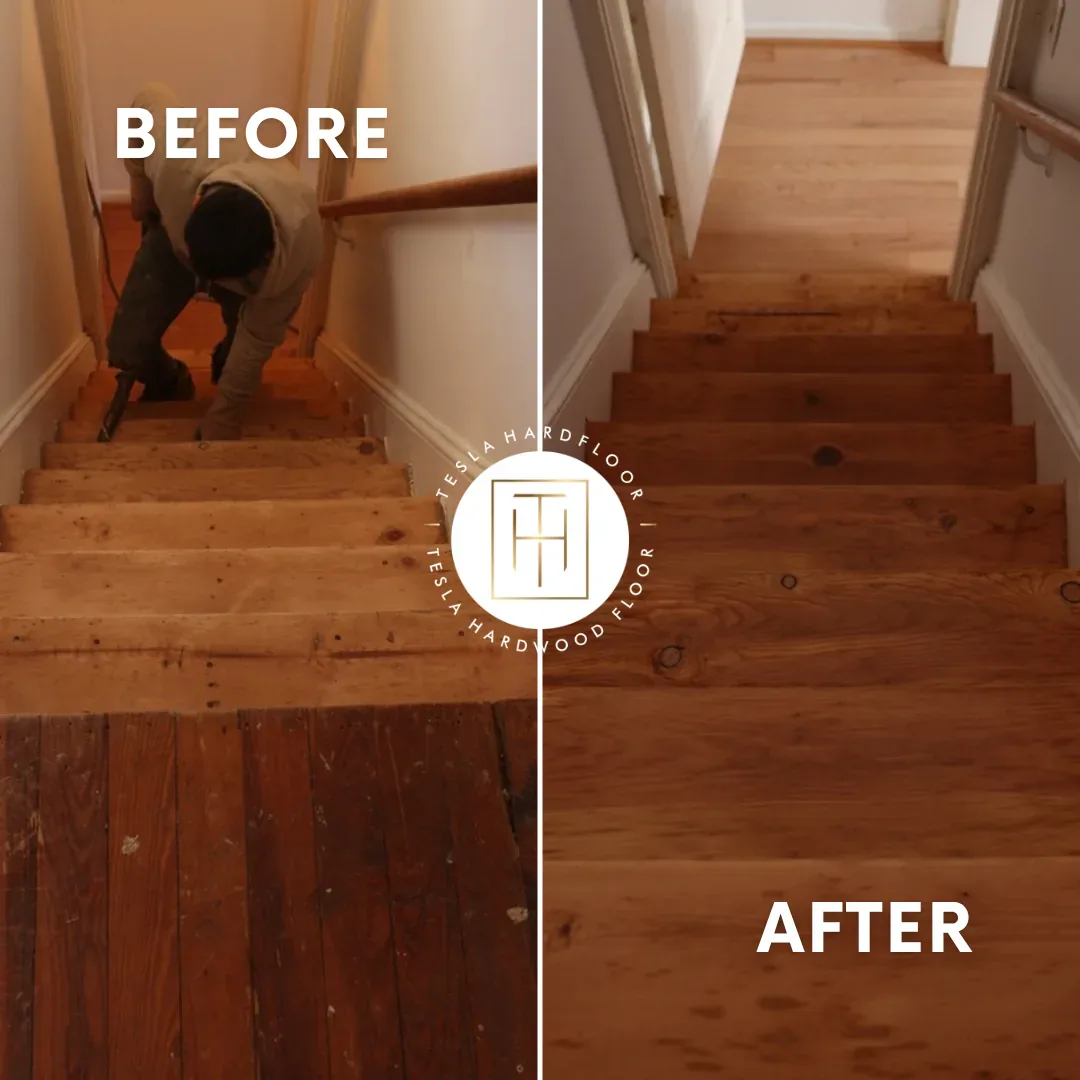 Before and After Stair Refinishing Before and after hardwood stairs refinishing showing carpet removal and natural wood finish in West Chester PA