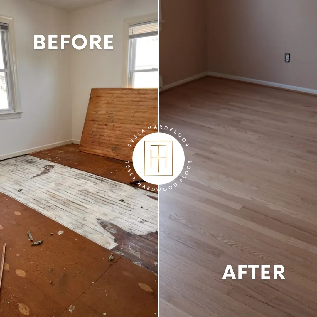 Before and after red oak hardwood floor installation transforming damaged subfloor in Philadelphia home