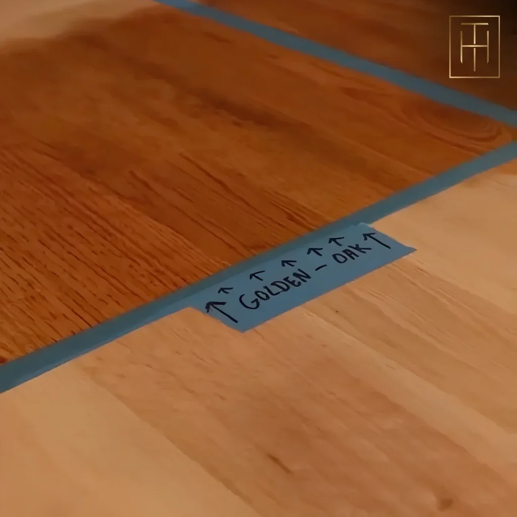 Golden Oak stain sample on solid hardwood floor in Doylestown, PA by Tesla Hardfloor