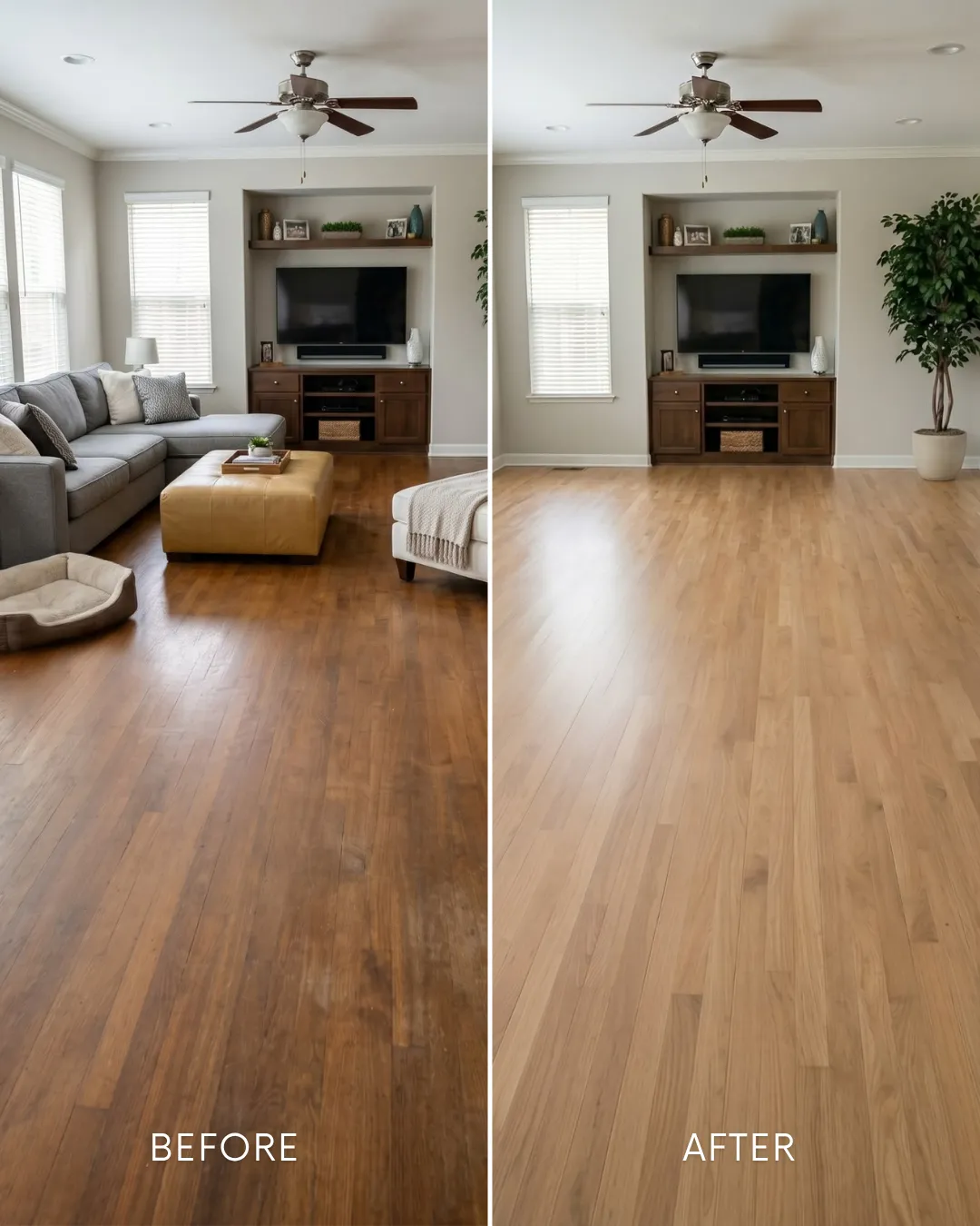 Dramatic transformation with full hardwood floor refinishing hardwoof floor before and after
