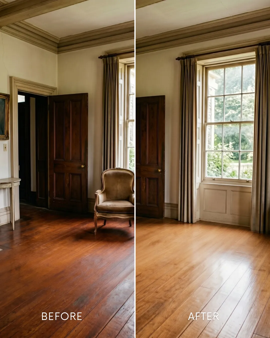 Hardwood floor after a fresh recoat, showcasing restored shine refinishing before and after