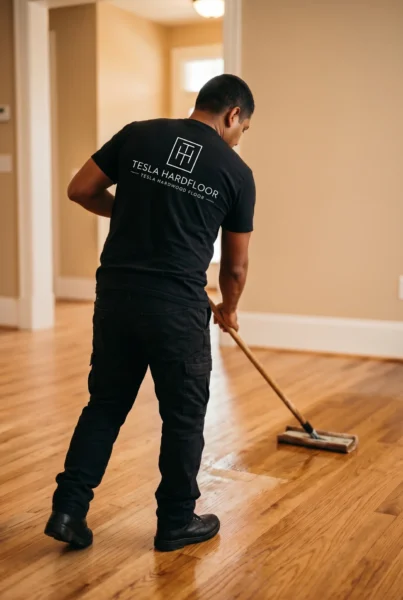 Worker applying a finish to newly refinished light brown hardwood floors in a home. by Tesla Hardfloor in Villanova, PA