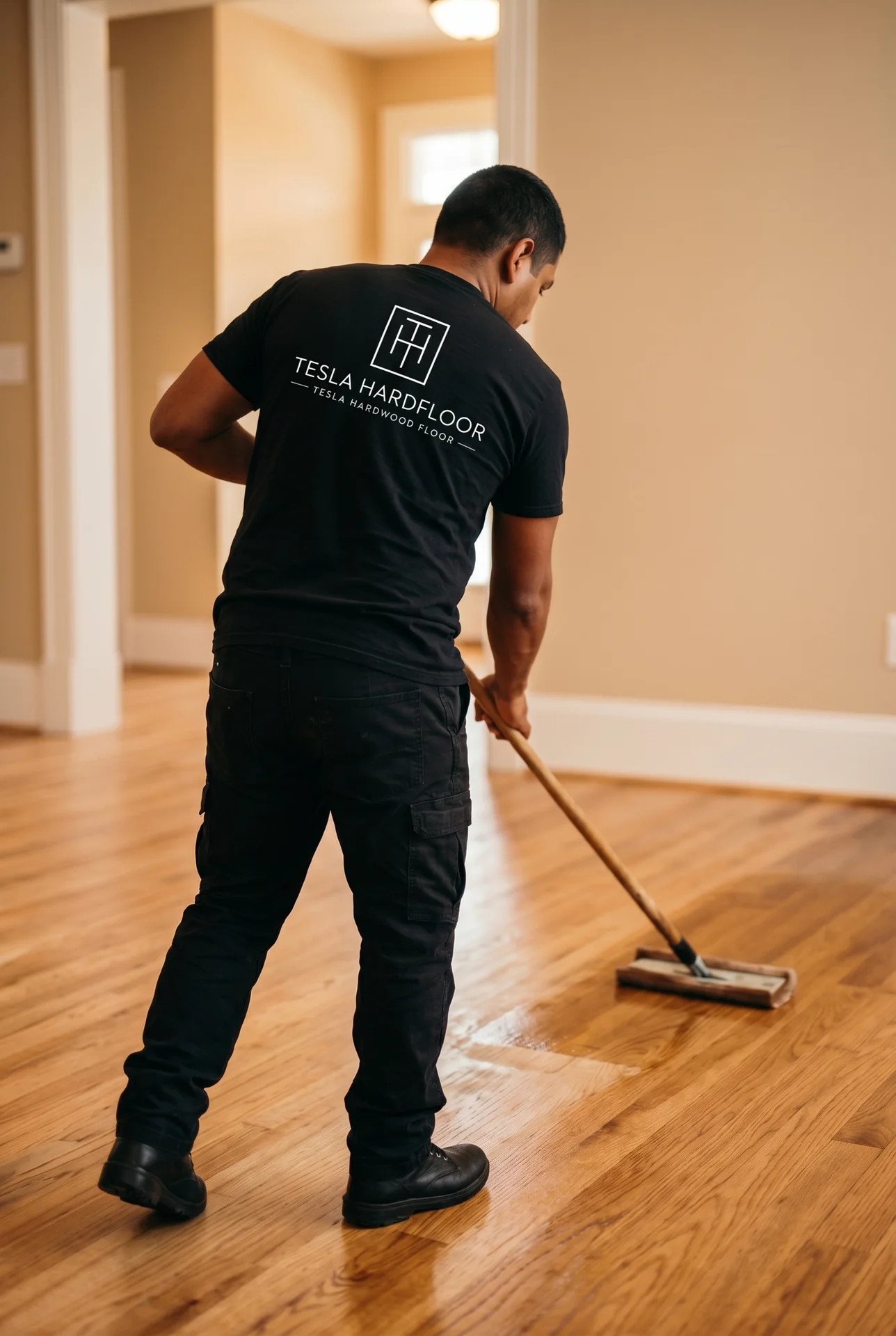 Worker applying a finish to newly refinished light brown hardwood floors in a home. by Tesla Hardfloor in Villanova, PA