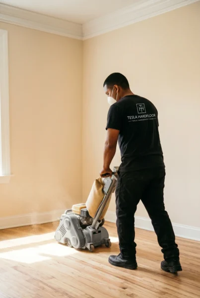 Worker sanding light brown hardwood floors in a sunlit room with beige walls. by Tesla Hardfloor in Radnor, PA