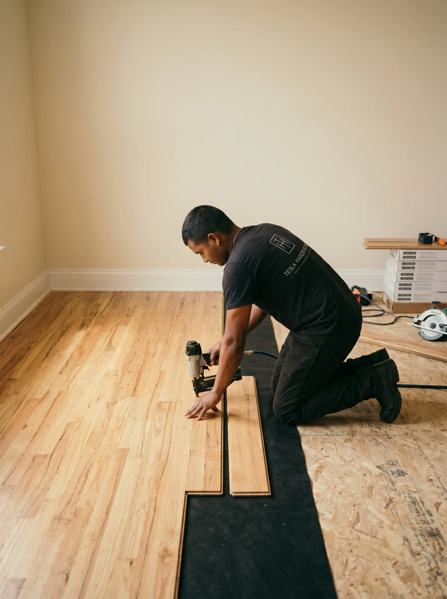 Hardwood Floor Installation Process Worker installing light natural hardwood flooring with a nail gun in an empty room. by Tesla Hardfloor in Newtown, PA