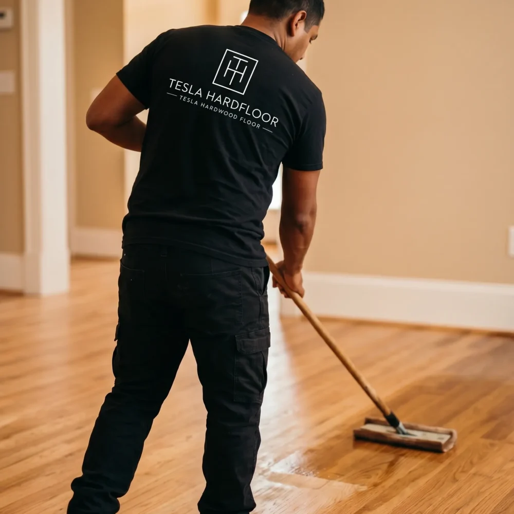 professional refinishing a hardwood floor